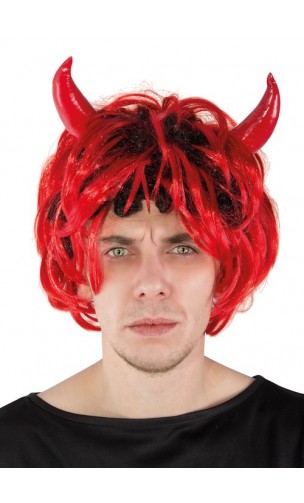 Perruque diable rouge et noir avec cornes