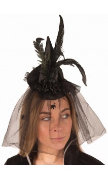 Mini Chapeau Sorcière avec voile, plumes et araignées en vente à Paris et en ligne